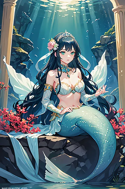 4K,High resolution,one woman,mermaid,dark blue hair,long hair,green eyes,big breasts,knight,armor made of shells,princess tiara,Jewelry Decoration,Pearl decoration,Long sword,underwater,Undersea Temple