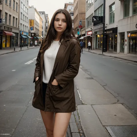 Brunette women well dress, alone in the street