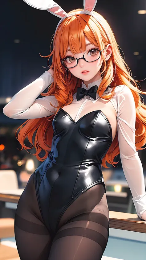 (best quality, masterpiece), depth of field, blurry background, thick thighs, standing, solo, 1girl, long orange hair, (ahoge:0.9), glasses, blunt bangs, purple eyes, (full-face blush), ((playboy bunny, pantyhose, bunny ears, highleg, highleg leotard, blac...