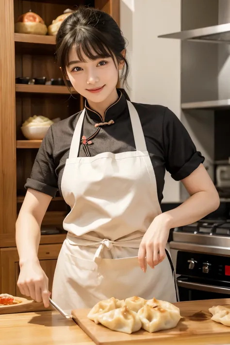 1lady solo, (cooking (gyoza dumplings):1.2), chef (stylish outfit) apron, mature female, /(black hair/) bangs, light smile, (eyes filled with concentration), (masterpiece best quality:1.2) delicate illustration ultra-detailed, large breasts BREAK (dumpling...