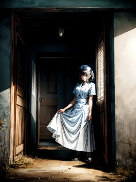 Amid the intense shadows of the abandoned house under the moonlight, the nurse emerges with a presence that shivers the spine. His uniform, highlighted by the black and white color palette with subtle touches of blue and yellow, emanates a strangely distur...