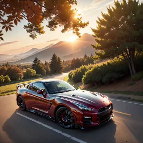 Red GT-R、Drive gracefully along endless roads、Towards the sunset. The evening sun bathes the surroundings with warm light, While the driver firmly grips the steering wheel. The scene exudes speed, Elegance and tranquility、Eta、Shows the beauty of the moment...