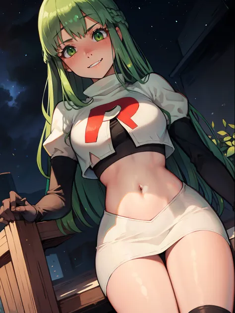 palla (fire emblem), long hair, green hair ,1girl,team rocket,team rocket uniform, red letter r, white skirt,white crop top,blac...