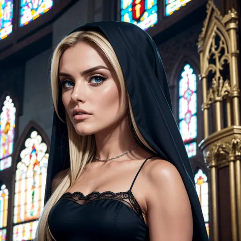 Perrie Edwards, wearing nun sexy clothes. professionally retouched, soft lighting, realistic, smooth face, perfect eyes, sharp focus on eyes, 8 k, high definition, insanely detailed, intricate, elegant. in a church background.