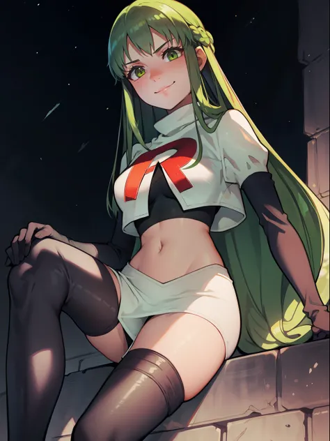 Palla (Fire Emblem), long hair, green hair ,1girl,team rocket,team rocket uniform, red letter R, white skirt,white crop top,black thigh-highs,black elbow gloves, evil smile,  looking down on viewer, sitting down ,legs crossed, night sky background