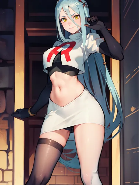 def_azura, yellow eyes ,1girl,team rocket,team rocket uniform, red letter R, white skirt,white crop top,black thigh-highs,black elbow gloves, evil smile, sexy poses