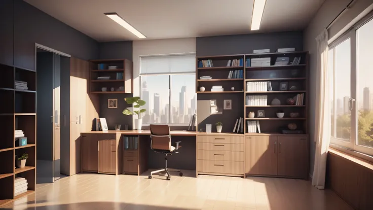 modern office, bookshelf, HD, high quality, best quality, highres, high quality, high details, masterpiece