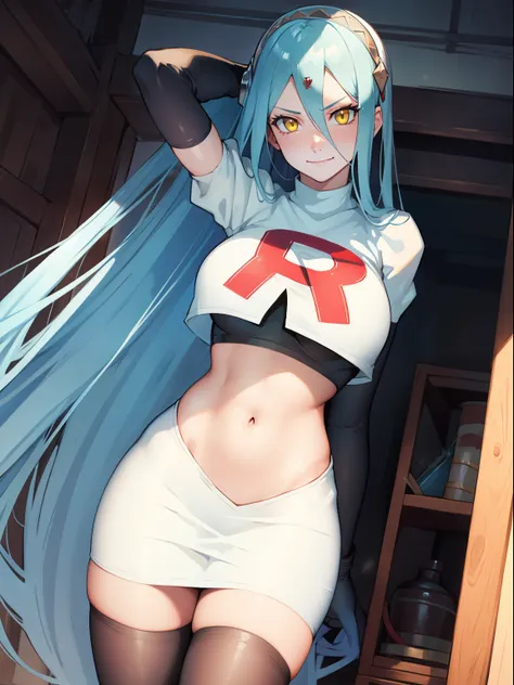 def_azura, yellow eyes ,1girl,team rocket,team rocket uniform, red letter r, white skirt,white crop top,black thigh-highs,black ...