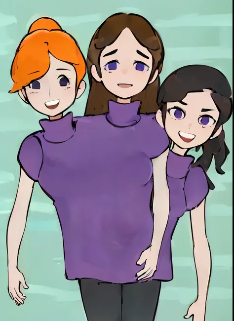 best quality, (masterpiece),(ultra-detailed), (high quality), (high resolution), (3heads:1.5) orange hair, brown hair, black hair, three headed woman, open mouths, ((smiling)),best quality:1.5, highres, UHD, 4K),, ((purple t shirt)), ((wearing black jeans)...