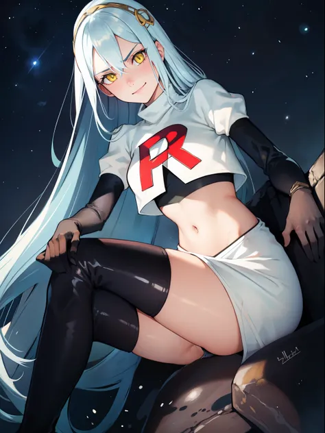 def_azura, yellow eyes ,1girl,team rocket,team rocket uniform, red letter R, white skirt,white crop top,black thigh-high boots ,black elbow gloves, evil smile, looking down on viewer, sitting down ,legs crossed, night sky background