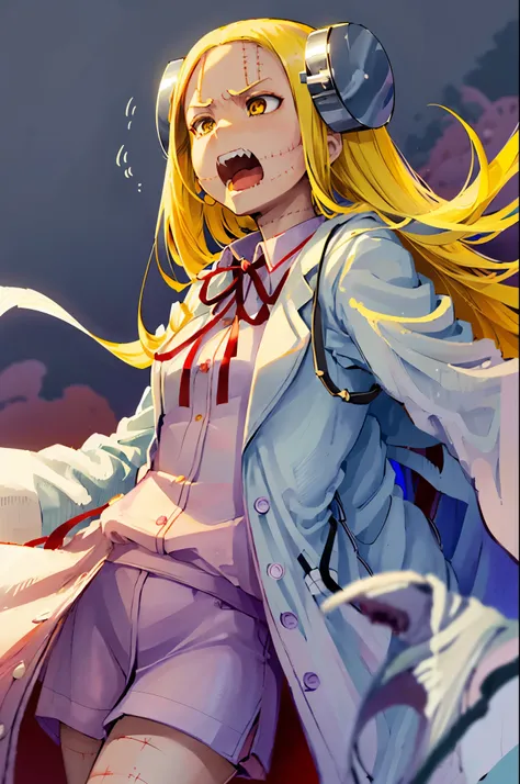 Madaraki_Fran,young woman,((((wearing a white lab coat)))),((screams)),long hair,gesticulates confidently,yellow hair,seams,Scars on the body,(very angry),speaks to a person,(((furious))),sharp teeth