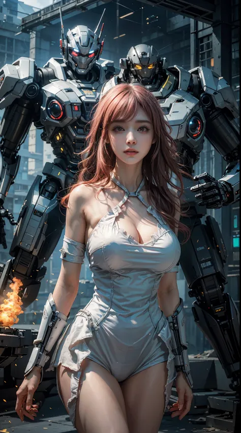 ((best quality)), ((masterpiece)), (Very detailed:1.3), 3D, Shitu-mecha, 在被遗忘的战争中一座城市的ruins中，Beautiful cyberpunk woman with her pink mecha, ancient technology, human development report (high dynamic range), Ray tracing, NVIDIA RTX, super resolution, Unreal...