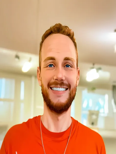 smiling man in a red shirt, redhead, blue eyes,