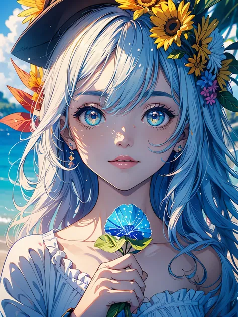 obra de arte, melhor qualidade, (Papel de parede CG Unity 8K muito detalhado) (melhor qualidade), (best illustration), (Melhores sombras) natureza&#39, mar azul,delicadas folhas, petals of various colors falling in the air, luz de rastreamento, super detal...