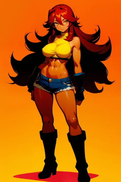 Brown skin, halter top, shorts, long red hair, yellow eyes, 1girl, big breasts, big hips, long hair between eyes, looking at viewer, solo, full body, standing, boots