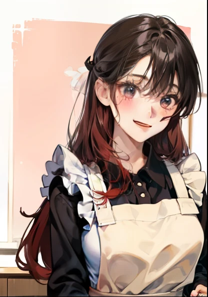 girl、With background、redhead、long hair、Contrasting bangs、white dress、ribbon、One piece with frills、Also wearing an apron、kitchen、Baking、chocolate、blushing cheeks、smile、cute、With background