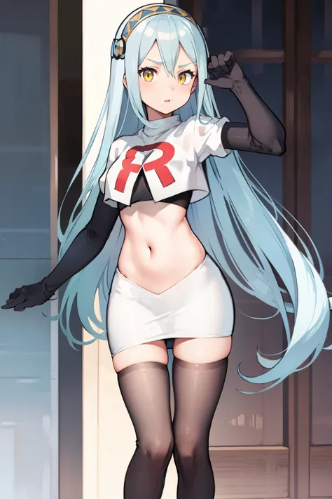 def_azura, yellow eyes ,1girl,team rocket,team rocket uniform, red letter r, white skirt,white crop top,black thigh-highs ,black...