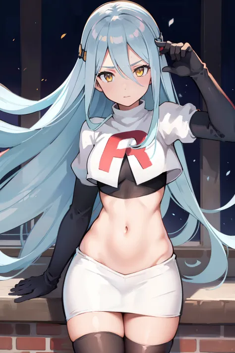 def_azura, yellow eyes ,1girl,team rocket,team rocket uniform, red letter r, white skirt,white crop top,black thigh-highs ,black...