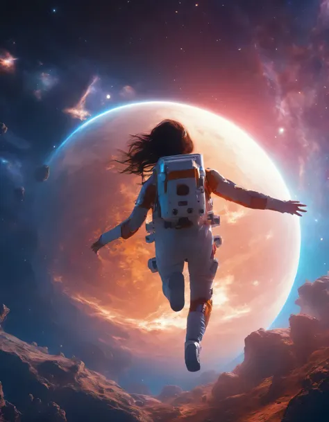 1 girl flying in space, Incredible bright colors, altamente detalhado, O mundo perfeito, reflective surfaces, underground dispersal, Beyond imagination, Em 8K, wide angles、Mundo Sci-Fi、cosmos、Planetas、uma lua, 