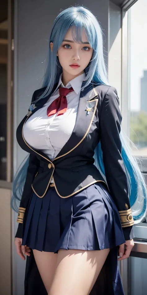 1girl,big breast ,blue hair, blue eyes, long hair,bang,high quality, ultra detailed, masterpiece, realistic, school uniform 