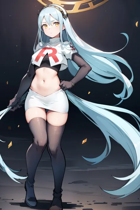 def_azura, yellow eyes ,1girl,team rocket,team rocket uniform, red letter R, white skirt,white crop top,black thigh-highs ,black elbow gloves,