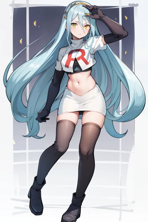 def_azura, yellow eyes ,1girl,team rocket,team rocket uniform, red letter r, white skirt,white crop top,black thigh-highs ,black...