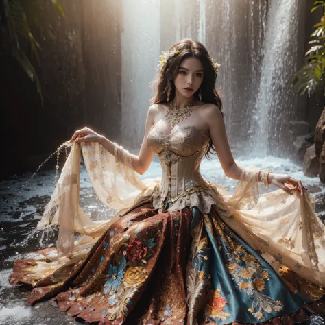 arafed woman with bustier gigantic breast in a corset and dress in front of a building, wearing an ornate outfit, ornate dress, intricate dress, elegant corset, ornate and elegant, extravagant dress, inspired by Hedi Xandt, ornate attire, intricate outfit,...