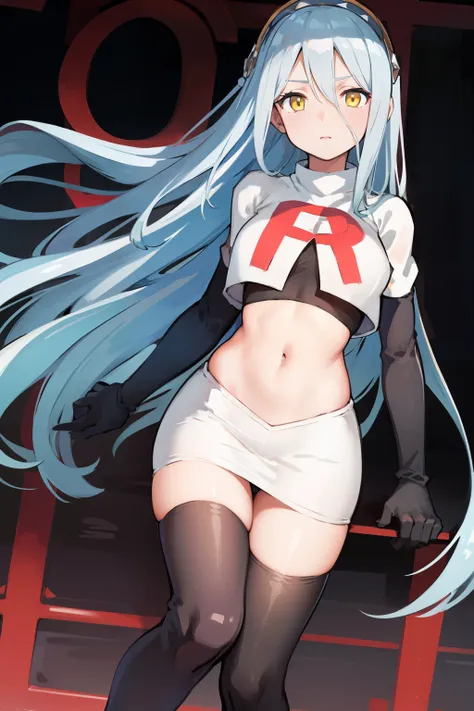 def_azura, yellow eyes ,1girl,team rocket,team rocket uniform, red letter r, white skirt,white crop top,black thigh-highs ,black...