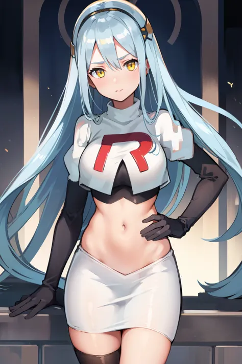 def_azura, yellow eyes ,1girl,team rocket,team rocket uniform, red letter r, white skirt,white crop top,black thigh-highs ,black...