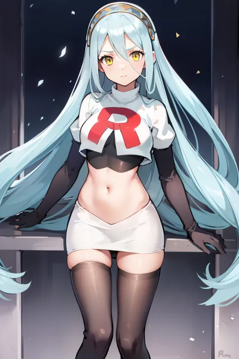 def_azura, yellow eyes ,1girl,team rocket,team rocket uniform, red letter r, white skirt,white crop top,black thigh-highs ,black...