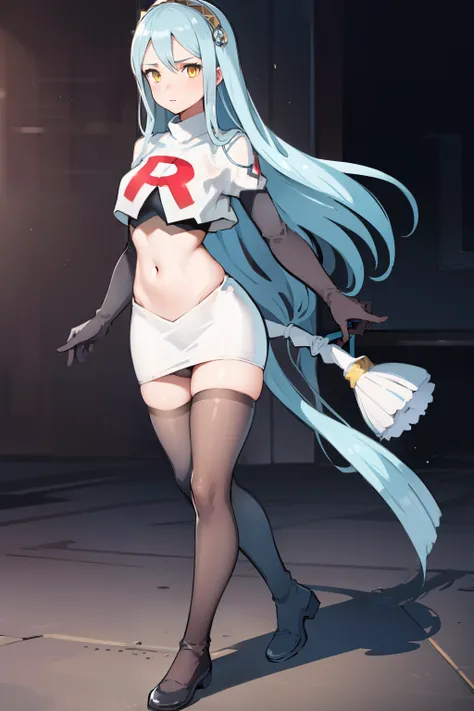 def_azura, yellow eyes ,1girl,team rocket,team rocket uniform, red letter R, white skirt,white crop top,black thigh-highs ,black elbow gloves,