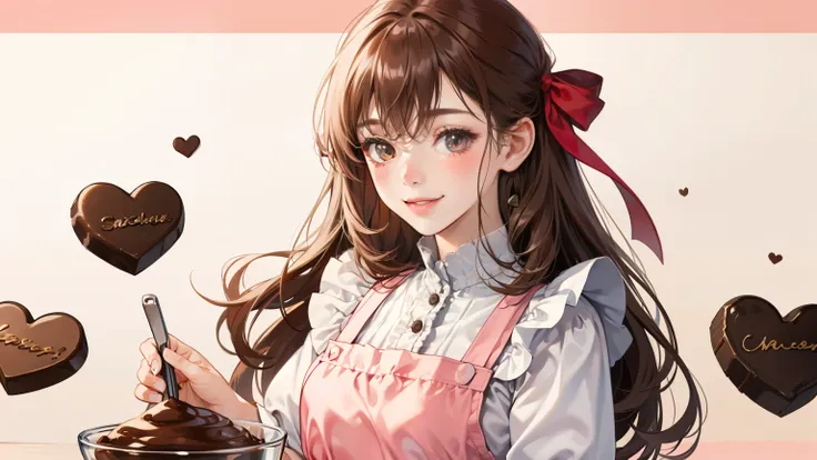 girl、With background、reddish brown hair、long hair、Contrasting bangs、white dress、ribbon、frills、wearing an apron、Baking、chocolate、blush、smile、cute、Background Pink