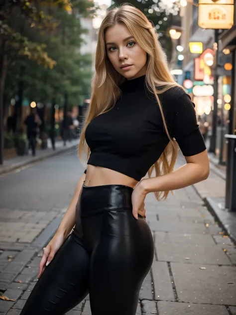 image of a beautiful blonde woman, natural look, gorgeous model, long hair, portrait 1:4, bokeh, beautiful, wearing tight black leggings, a crew-neck sweater, sexy