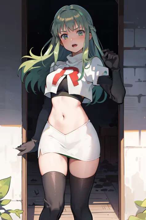 palla (fire emblem), long hair, green hair ,1girl,team rocket,team rocket uniform, red letter r, white skirt,white crop top,blac...