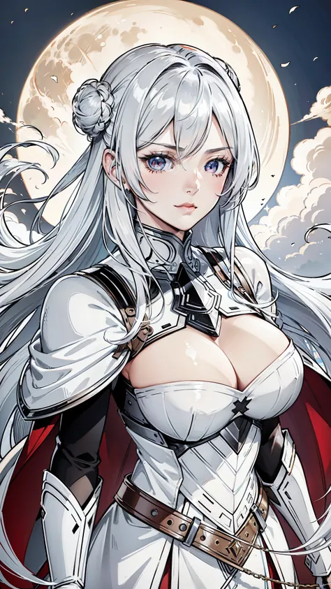 {8k image}, 1beautiful woman, 27 years old, red eyes, white hair with bun, wearing armor, looking at the viewer with a neutral expression, face and body centered forward, focus on the face and breasts, {close-up of face and chest}, full moon background, ma...