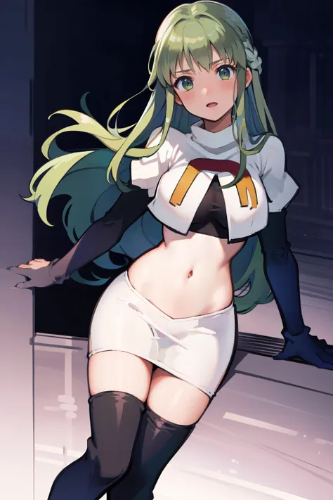 palla (fire emblem), long hair, green hair ,1girl,team rocket,team rocket uniform, red letter r, white skirt,white crop top,blac...