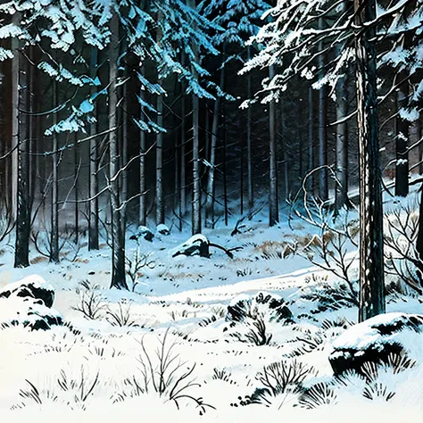 Draw a background of winter in the forest with a black pencil in black and white colors outline,Without people