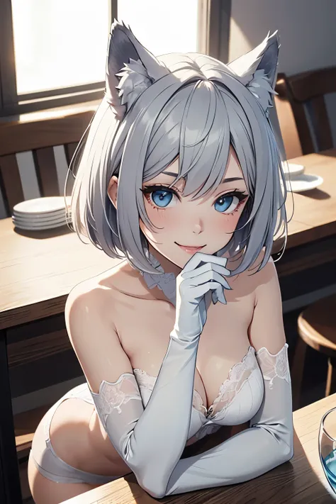 table top　High level image quality　best image quality　Face Details　8K　 lady（I）　full body portrait　white long gloves　white pantyhose（（blanche））　lingerie（（Tube top）blanche））　wolf ears　short hair（（shortcut）（gray hair）（perm）（fluffy））　eye color is blue　smile（（l...