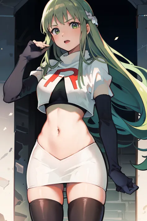 palla (fire emblem), long hair, green hair ,1girl,team rocket,team rocket uniform, red letter r, white skirt,white crop top,blac...