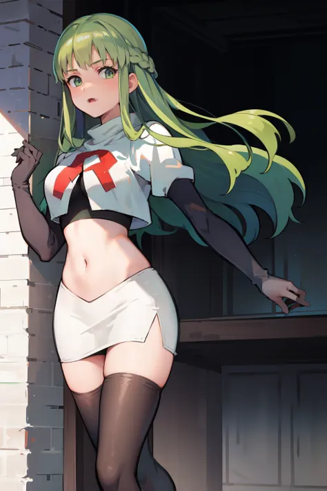 palla (fire emblem), long hair, green hair ,1girl,team rocket,team rocket uniform, red letter r, white skirt,white crop top,blac...