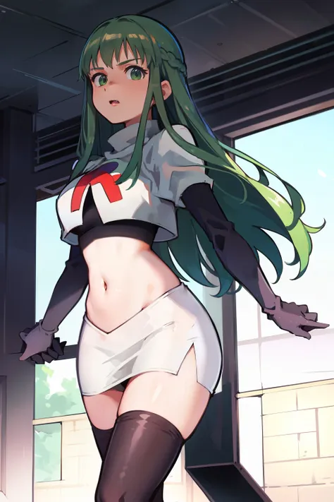 palla (fire emblem), long hair, green hair ,1girl,team rocket,team rocket uniform, red letter r, white skirt,white crop top,blac...