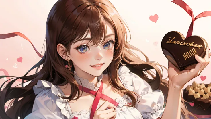 girl、With background、reddish brown hair、long hair、Contrasting bangs、white dress、ribbon、frills、I&#39;Iもエプロンを着ています、Baking、chocolate、blush、smile、cute、Background Pink