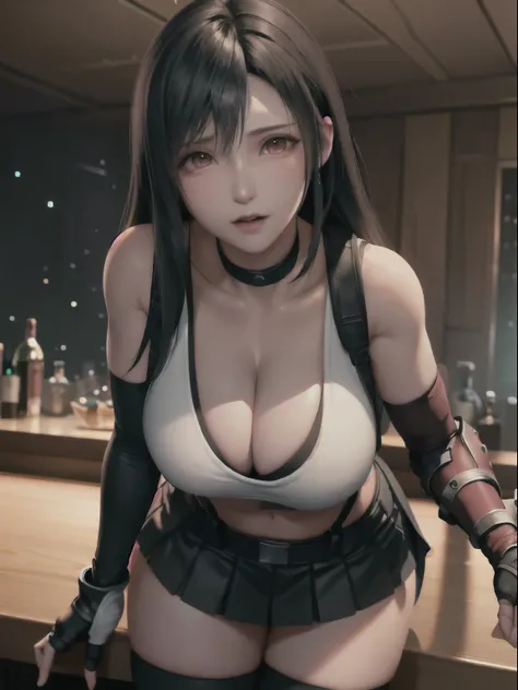 Final Fantasy VII, (nose blush), single elbow pad, ankle boots, black hair, black skirt, black thighhighs, red boots, elbow gloves, elbow pads, fingerless gloves, taut shirt, sports bra, (suspender black skirt), thighhighs, white tank top, top body is hype...