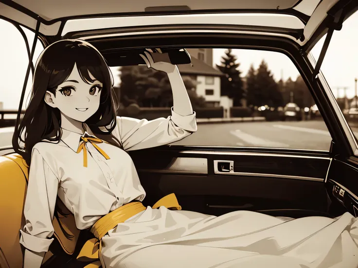 monochrome, masterpiece, highest quality, young woman, long brown hair, retro yellow convertible car, girl sitting at the car door, smile, Maid clothes