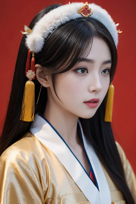 Close-up of a woman wearing a traditional Chinese headdress，palaces，a girl in hanfu，Princesa chinesa antiga，wearing ancient Chinese costume，Red wedding dress，China Princess，ancient chinese beauti，Inspired by Qiu Ying，Chinese traditional，Inspired by Lanying...