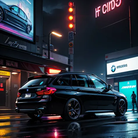 Schwarzer Kombi BMW F35 335 Touring Schwarz mit perfekten Proportionen , Eckansicht , Manga-Stil in einer Megastadt mit vielen Neonlichtern und Werbung, bunt, Rainy street, dramatische Beleuchtung