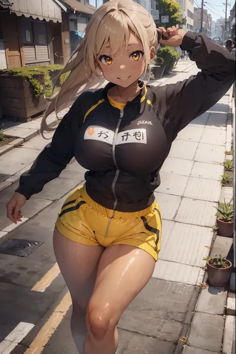 Best quality, medium breasts,  curvy, dark brown skin, long blond hair, yellow eyes, slutty, gyaru, full lips, seductive, jog, darkskin, tan, sprinting, jogging, jogging clothes, taking a jog, sexy smile, outside, red clothes