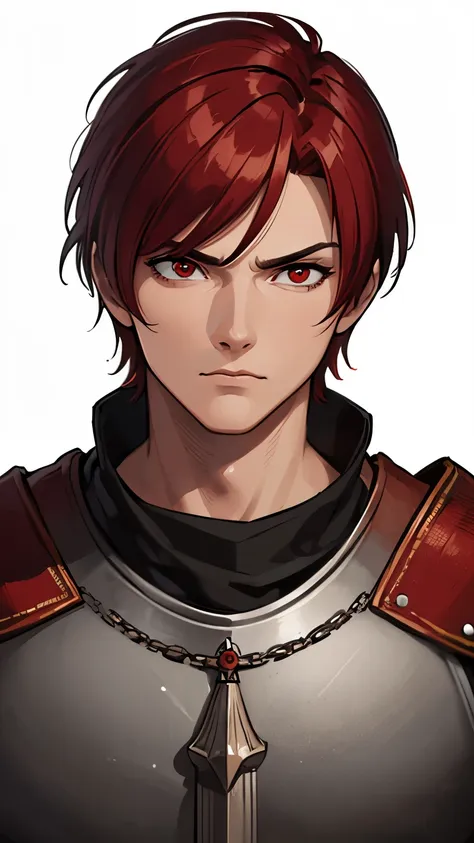 (best quality, ultra-detailed, photorealistic:1.37), medieval male clothing, serious face, red short hair with a white streak ab...