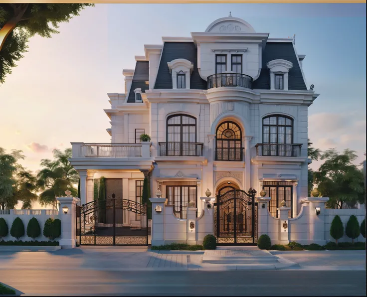 masterpiece,best quality, 8k uhd, a close up of a drawing of a house with a gate, highly detailed architecture, highly detailed - n 4, hihgly detailed, frontview, inter dimensional villa, an extremely detailed building, 3d highly detailed, 3 d highly detai...
