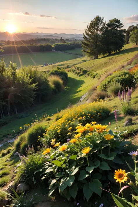 The vast and boundless grassland was filled with a layer of gold by the bright red sun.。The dewdrops on the grass blades are like gems set on emeralds，Glowing with colorful brilliance。Red、White、yellow、blue、purple，Various wild flowers，Make the green grassla...